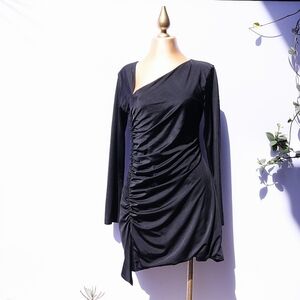 Oh Polly Rea Long Sleeve Asymmetric Mini Dress in Black, Size 14 Large